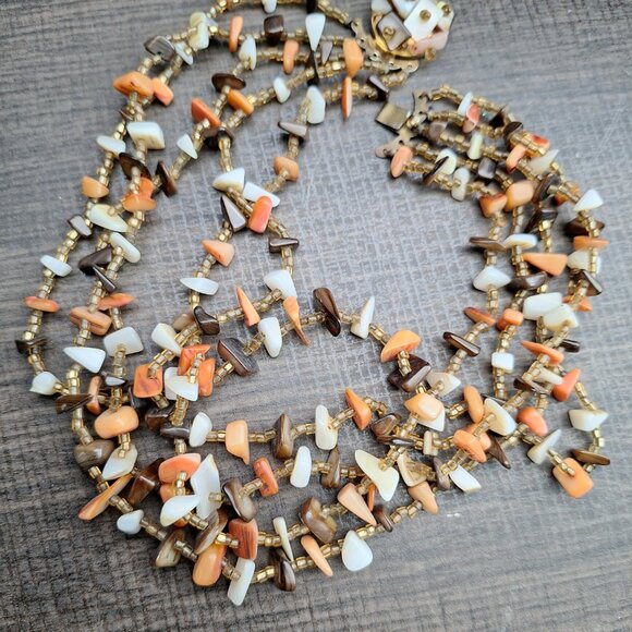 Vintage Multi Strand Stone Necklace Statement Choker - Brown Orange Cream - Picture 7 of 7